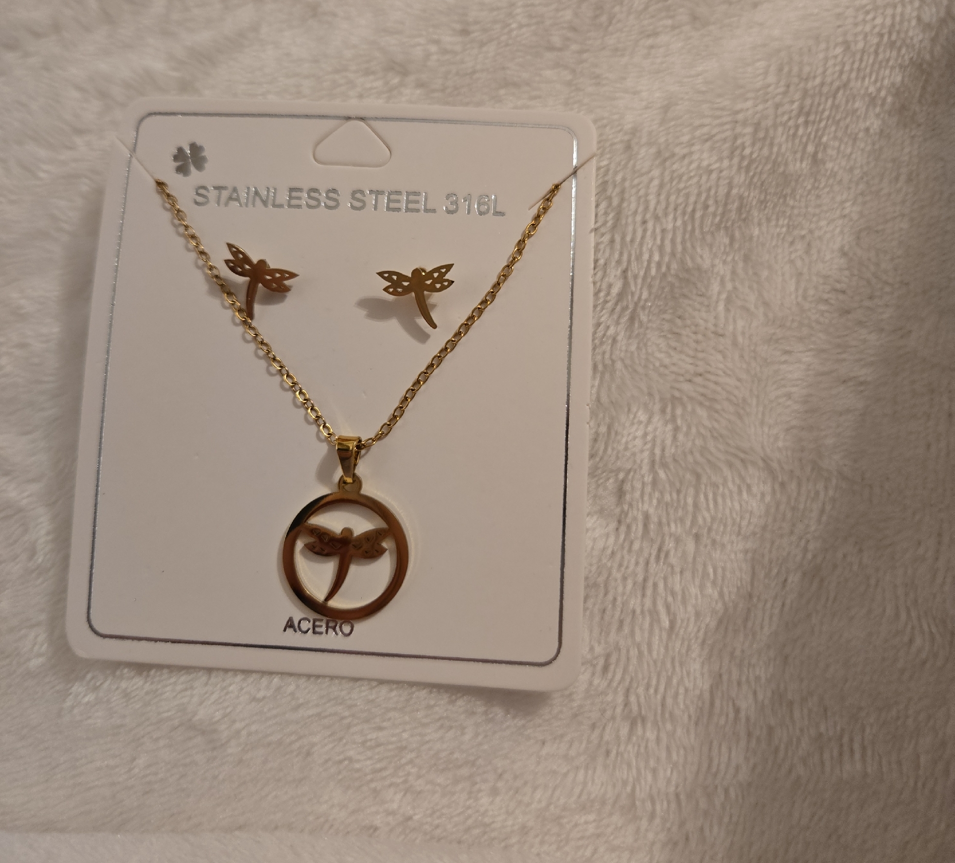 Stainless Steel Gold Plated Dragonfly Necklace And Earring Set